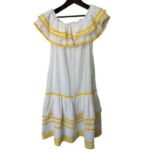 Lisa Marie Fernandez White and Yellow Off Shoulder Linen Blend Dress Size Small - Picture 1 of 5